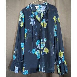 Susan Graver Women's Blue Floral Sheer Button Up Blouse 22W Bloom Core Feminine